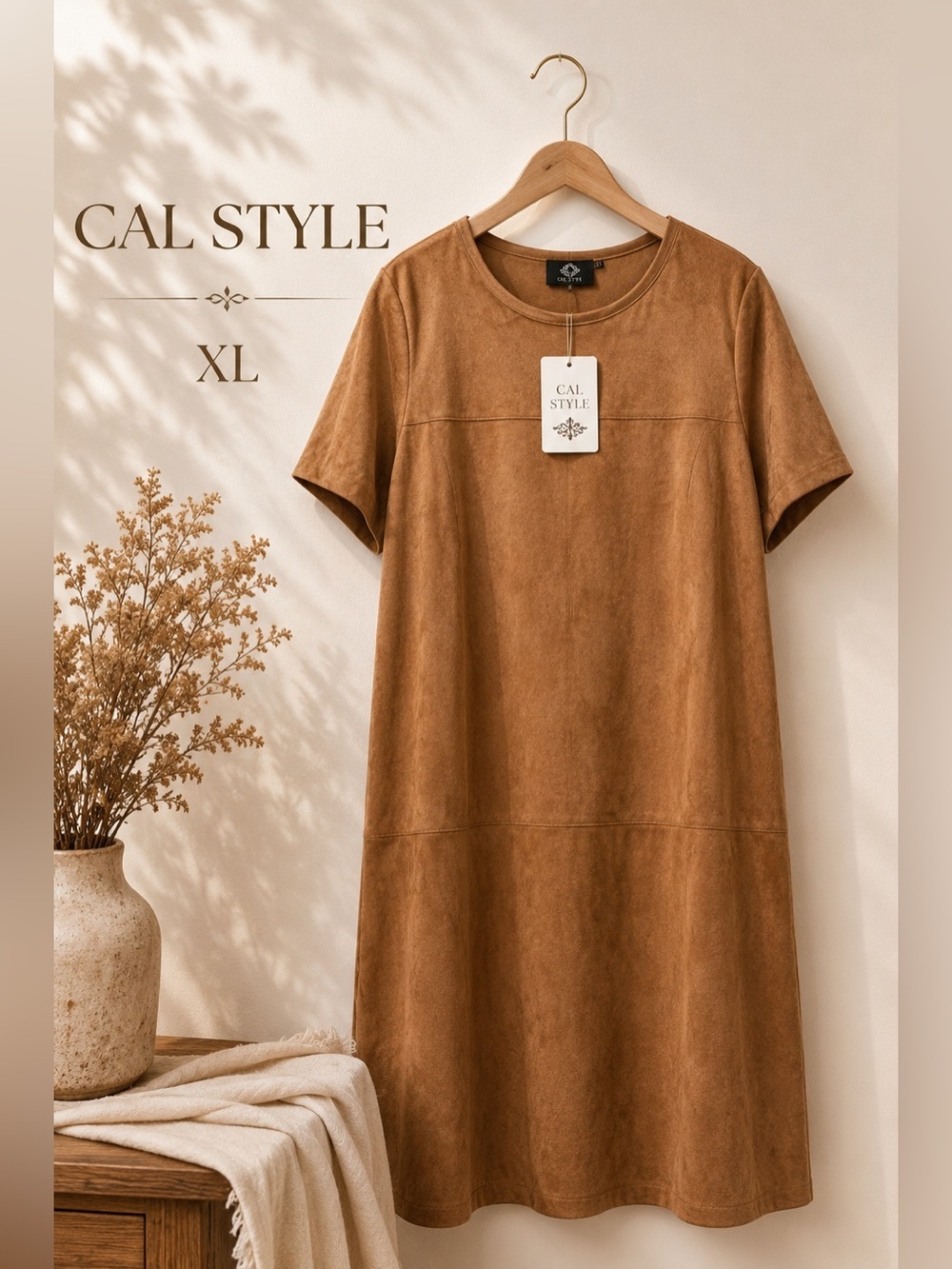 Cal Style Faux Suede Shift Dress Camel Brown XL NWT